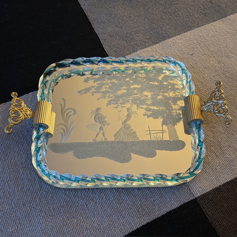 Antique Venetian Etched Glass Tray